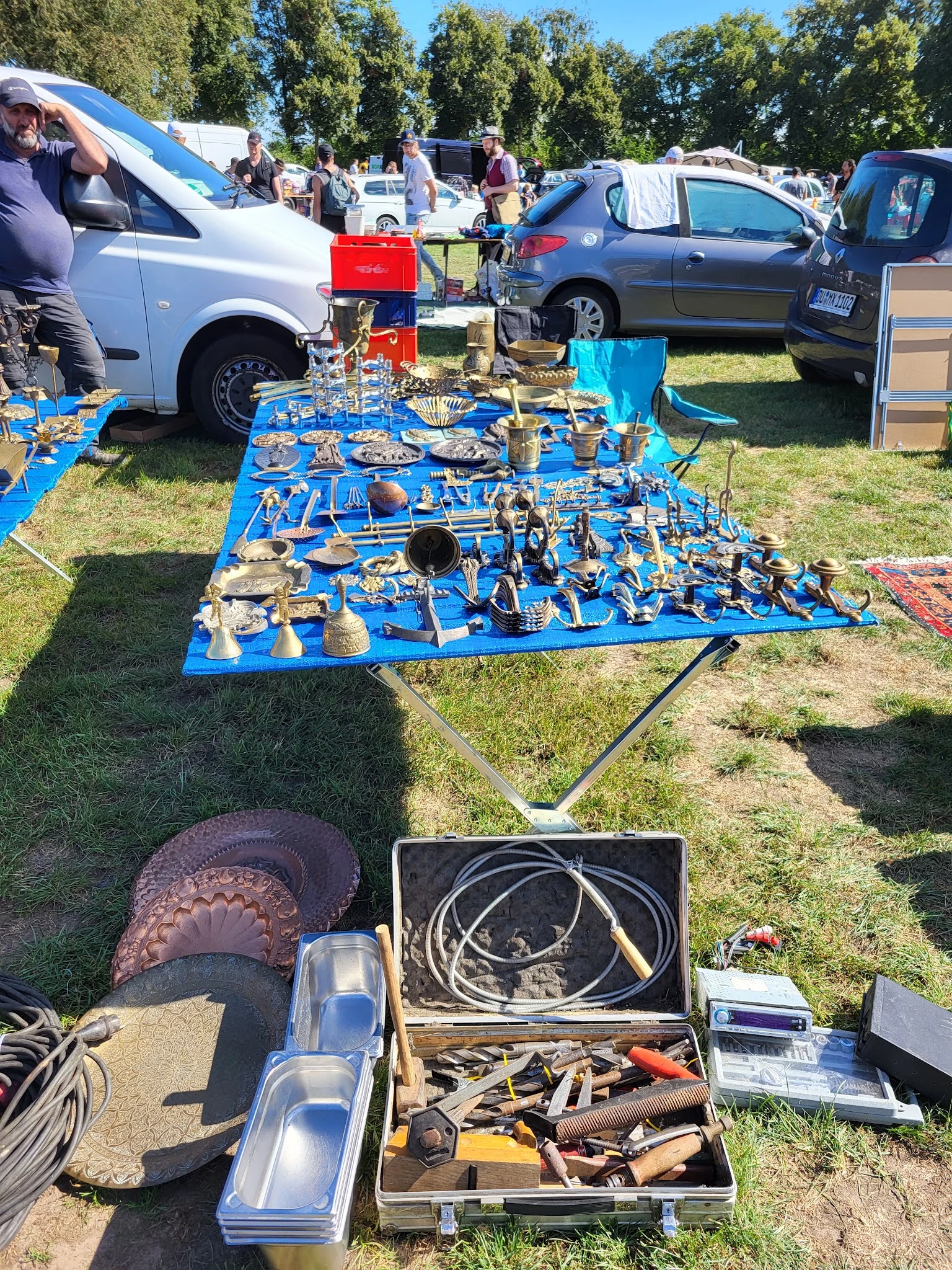 Uitgestalde verzameling vintage artikelen en bric-à-brac op blauwe tafel op grasmat