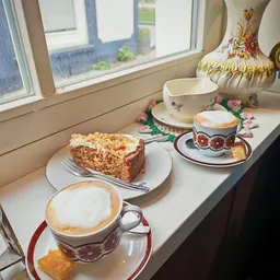 Koffie en gebak op een vensterbank met vintage servies en bloemmotieven