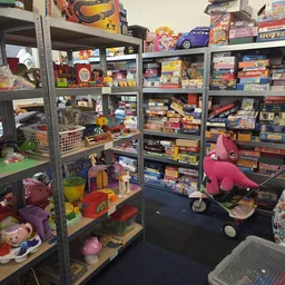 Stellingen met speelgoed, bordspellen, puzzels en diverse kinderspeelgoed in een kringloopwinkel