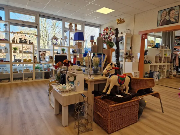 Heldere winkelvloer met diverse uitgestalde tweedehands artikelen, lampen, decoraties en meubels, grote ramen met uitzicht na