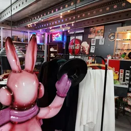 Winkelbinnenruimte met stellingen, decoraties en een grote roze konijnfiguur op de voorgrond