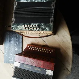 Close-up van twee accordeons met toetsen, één zwart en één bruin, op houten ondergrond