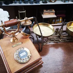 Vintage telefoon met houten basis en gouden bel, naast koperen weegschaal en andere antieke huishoudartikelen op houten tafel