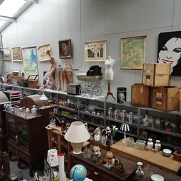 Winkelvloer met glazen vitrines vol diverse spullen, wanddecoratie en vintage items