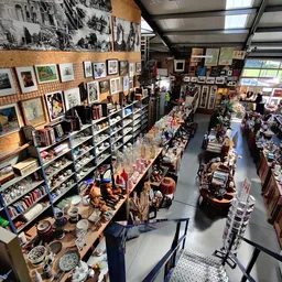 Overzicht van de winkelvloer met stellingen vol kunstwerken, boeken, servies en diverse tweedehandsartikelen