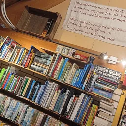 Boekenkast met grote collectie cd's en dvd's, bovenaan een kartonnen doos met Nederlandse tekst