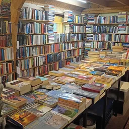 Tafel vol met boeken en cd's, omgeven door boekenkasten in een kringloopwinkel
