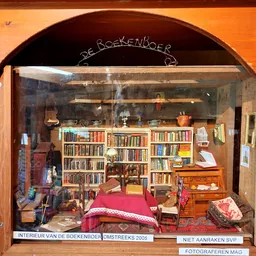 Winkelinterieur met boekenkasten, vintage boeken, een rood bed, houten meubels en huishoudspullen