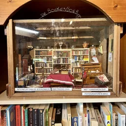 Miniatuurdiorama van een huiskamer met boekenkasten, bed en meubels in een vitrinekast