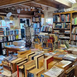 Binnenaanzicht van boekenwinkel met boeken op tafels en in kasten tegen de muren