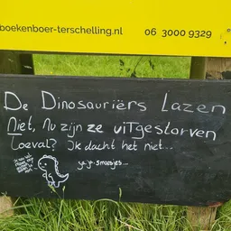 Zwart bord met krijt geschreven tekst over dinosauriërs en uitgestorven dieren