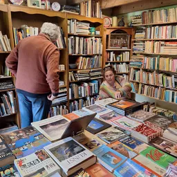 Boekenwinkel met bezoekers die tussen boekenkasten bladeren; op tafel liggen uitgelegde boeken en andere artikelen