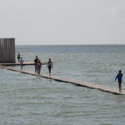 Groep mensen in het water bij een houten steiger