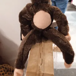 Bruine pluche knuffel met grote armen en beige buik, gehouden voor het gezicht