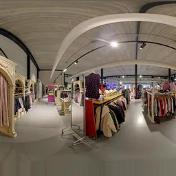 Ruim kringloopwinkel interieur met kledingrekken, winkelrekken en verlichte plafondgewelven