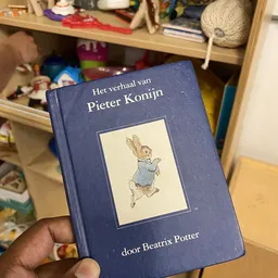 Kinderboek 'Het verhaal van Pieter Konijn' met illustratie van konijn in blauw jasje