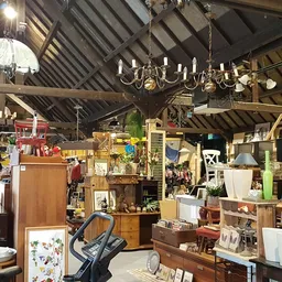 Ruim interieur van kringloopwinkel met houten meubels, lampen, boekenkasten en diversen huishoudelijke artikelen onder een ge