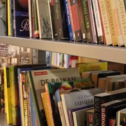 Boekenrekken met tweedehands boeken op meerdere planken in de winkel