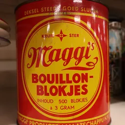 Blikje Maggi bouillonblokjes, rood en geel etiket met 500 blokjes à 3 gram