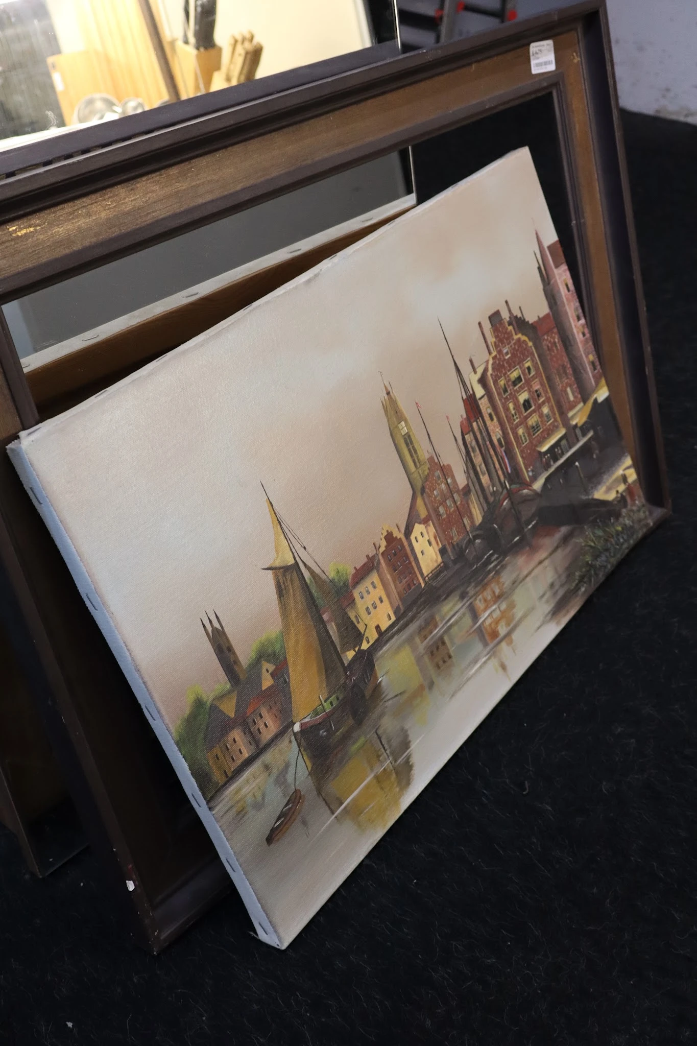 Kunstwerk of schilderij met afbeelding van historische stadsgezicht met torens