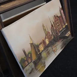 Kunstwerk of schilderij met afbeelding van historische stadsgezicht met torens