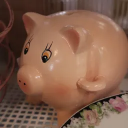 Close-up van een roze spaarvarken met getekende ogen en wimpers