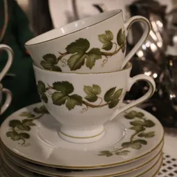 Twee gestapelde porseleinenen kopjes met groene druivenrank-decoratie op schotel
