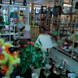 Winkelinterieur met stellingen vol spullen, decoraties en een tafel met bloemen en lamp op de voorgrond