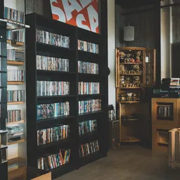 Winkelvloer met zwarte stellingen vol dvd's, boeken en verzamelobjecten in vitrinekast