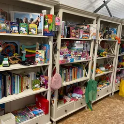 Binnenzicht van kringloopwinkel met witte stellingen vol boeken, speelgoed, kleding en huishoudartikelen