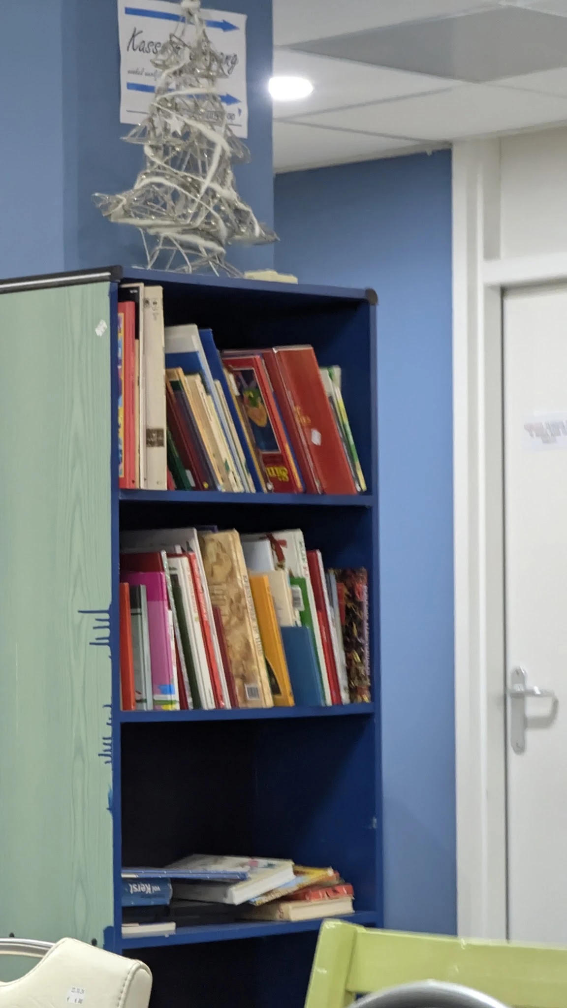 Blauw boekenrek met tweedehands boeken in verschillende kleuren, geordend op twee niveaus
