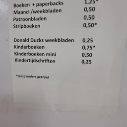 Prijslijst met categorieën tweedehands boeken en tijdschriften met prijzen in euro's