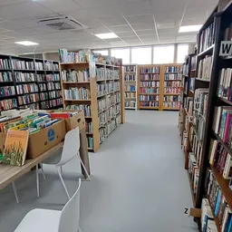 Boekenrekken en stellingen in een bibliotheek of boekenwinkel met uitgestalde boeken
