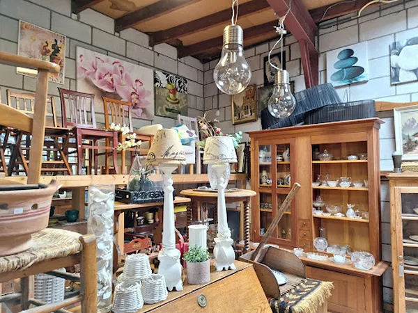 Winkelbinnenruimte met houten kasten, boekenrekken, hangende lampen en diverse huishoudelijke spullen op stellingen