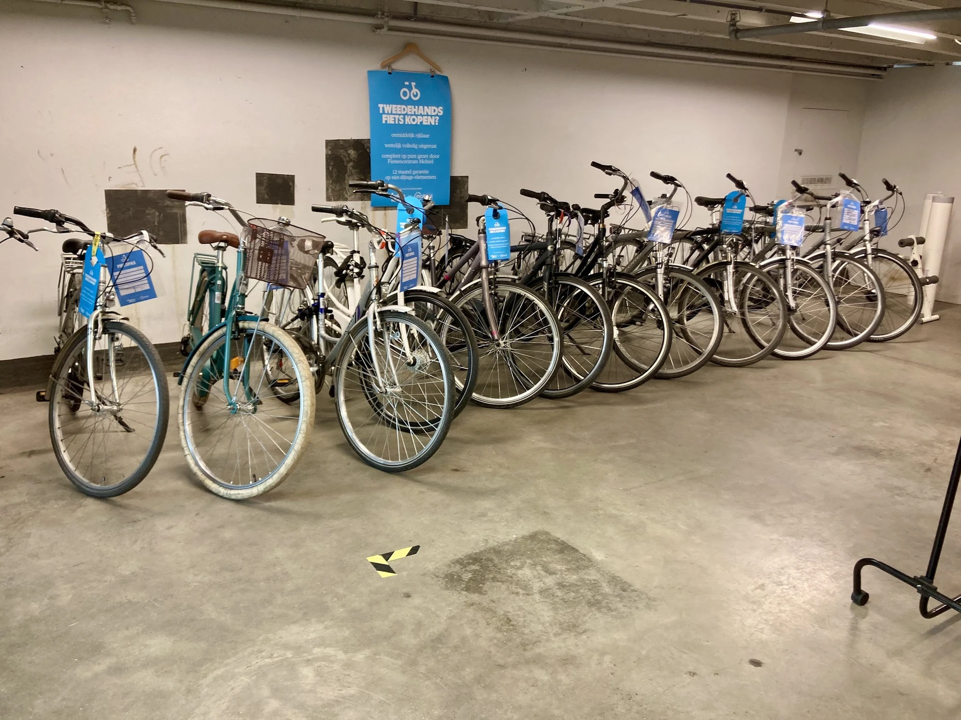 Rij van blauwe en zwarte fietsen uitgestald in een winkelruimte