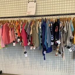 Kledingrek met diverse tweedehands kleding op houten hangers, gesorteerd op kleur