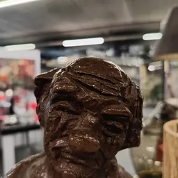 Close-up van een bronzen sculptuur van een mannelijk hoofd in een winkelomgeving