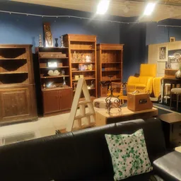 Interieur kringloopwinkel met houten kasten, boekenrekken, gele fauteuils en een zwarte bank op voorgrond