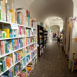 Lange winkelgang met boekenrekken aan de linkerkant en speelgoed aan de rechterkant, klanten in het verloop zichtbaar