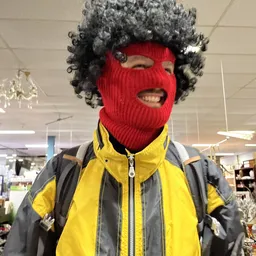 Persoon met rode bivakmuts en geel-zwart jack in winkelinterieur
