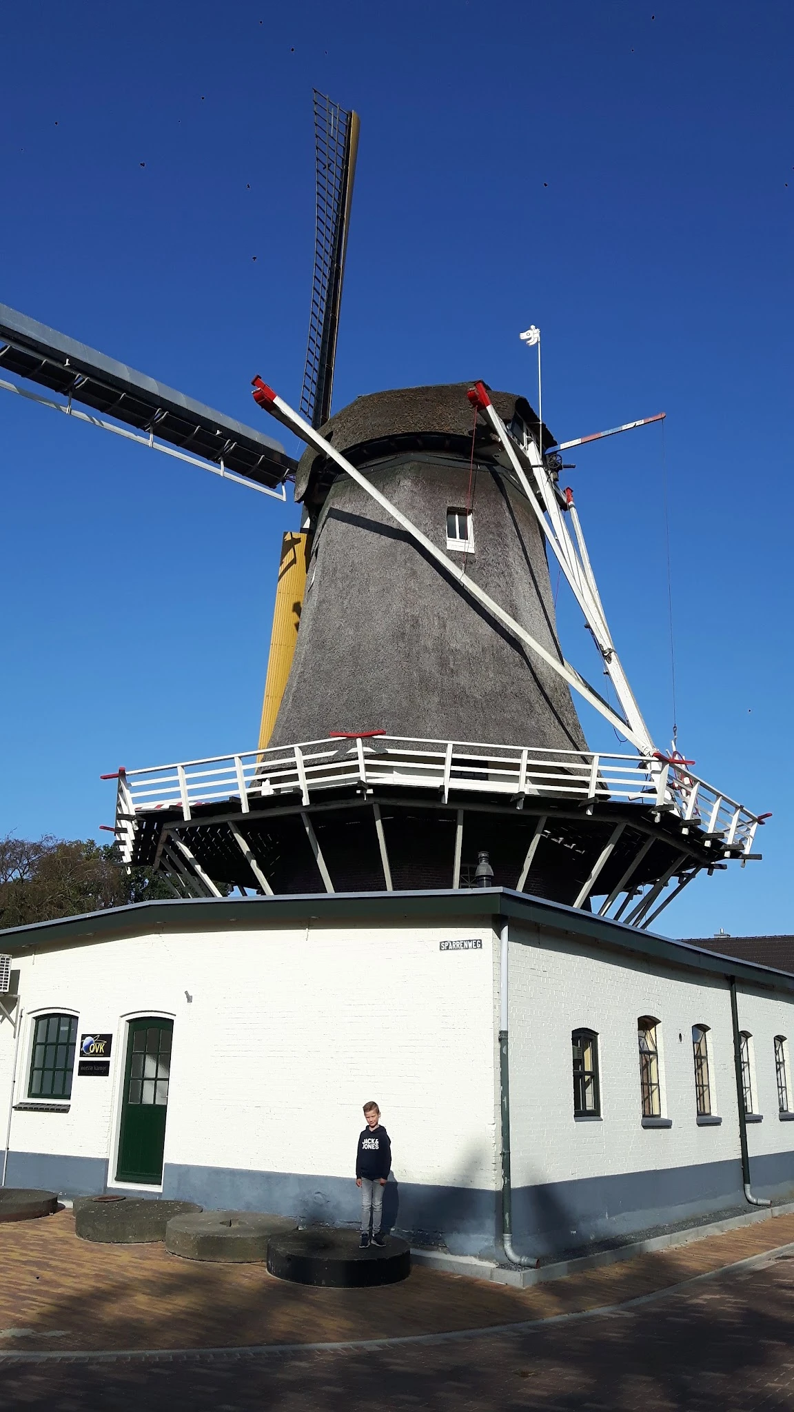 Traditionele Nederlandse windmolen met grijs baksteenwerk en blauwe lucht, tegen een modern wit gebouw.