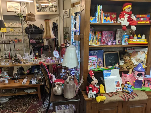 Winkelvloer met stellingen vol speelgoed, boeken en decoratieve artikelen, waaronder poppen, dominostenen en kinderspullen