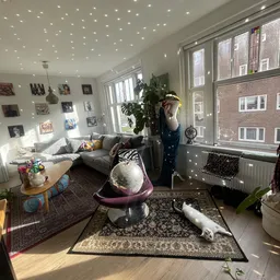 Ruime woonkamer met grijze bank, fauteuil, foto's aan de muur, veel daglicht en planten
