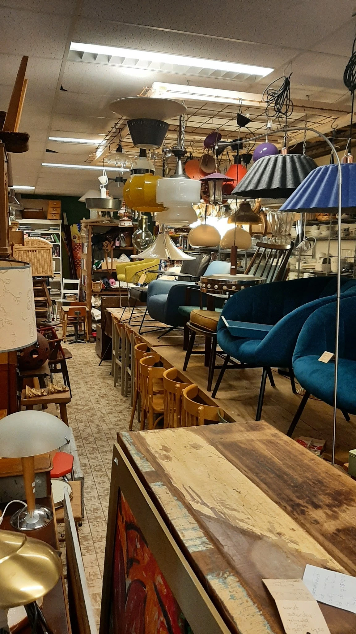 Winkelvloer met diverse meubels: houten stoelen, blauwe fauteuils, lampen en tafels uitgestald