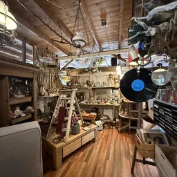 Winkelvloer met houten stellingen vol collectibles, decoraties en vintage items, met hangende vinyl plaat en hangende artikel