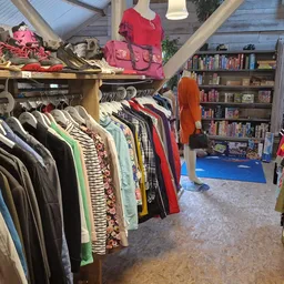 Ruim winkelinterieur met kledingrekken vol tweedehands kleding, boekenkasten en een blauwe mat op de grond