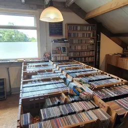 Grote collectie cd's en dvd's uitgestald in houten bakken op de vloer van de winkel