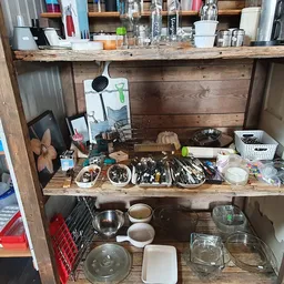 Houten kast met servies, bestek, glazen en keukenspullen uitgestald op meerdere planken