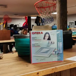 Binnenaanzicht van kringloopwinkel met houten tafel, kartonnen doos, basketbalring en diverse spullen