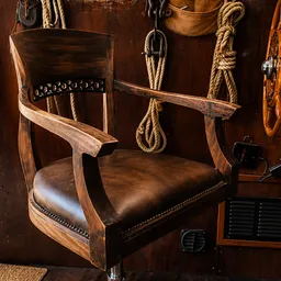 Bruine houten fauteuil met leren zitting en armleuningen, tegen een muur met touwwerk
